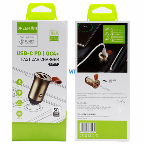 Green On USB & USB-C Fast Car Charger (30W)