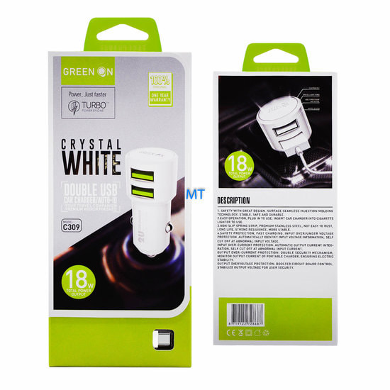 Green On Double USB C 3.6A(18W) Car Charger USB-C data cable included
