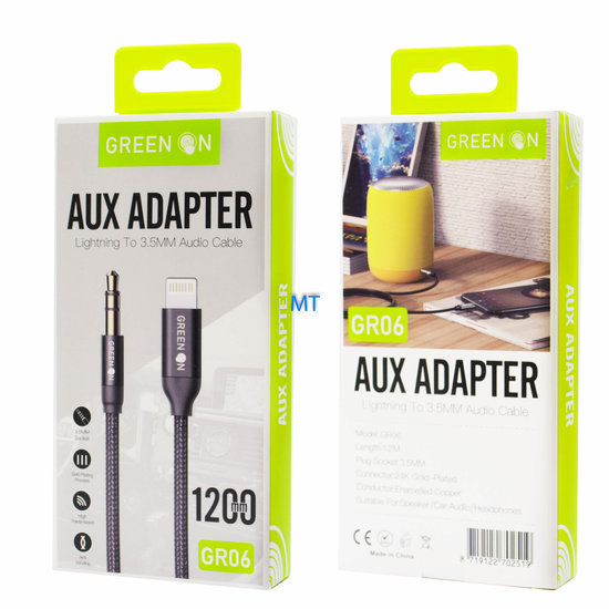 Green On USB Lightning To 3.5mm Aux Cable 1.2M