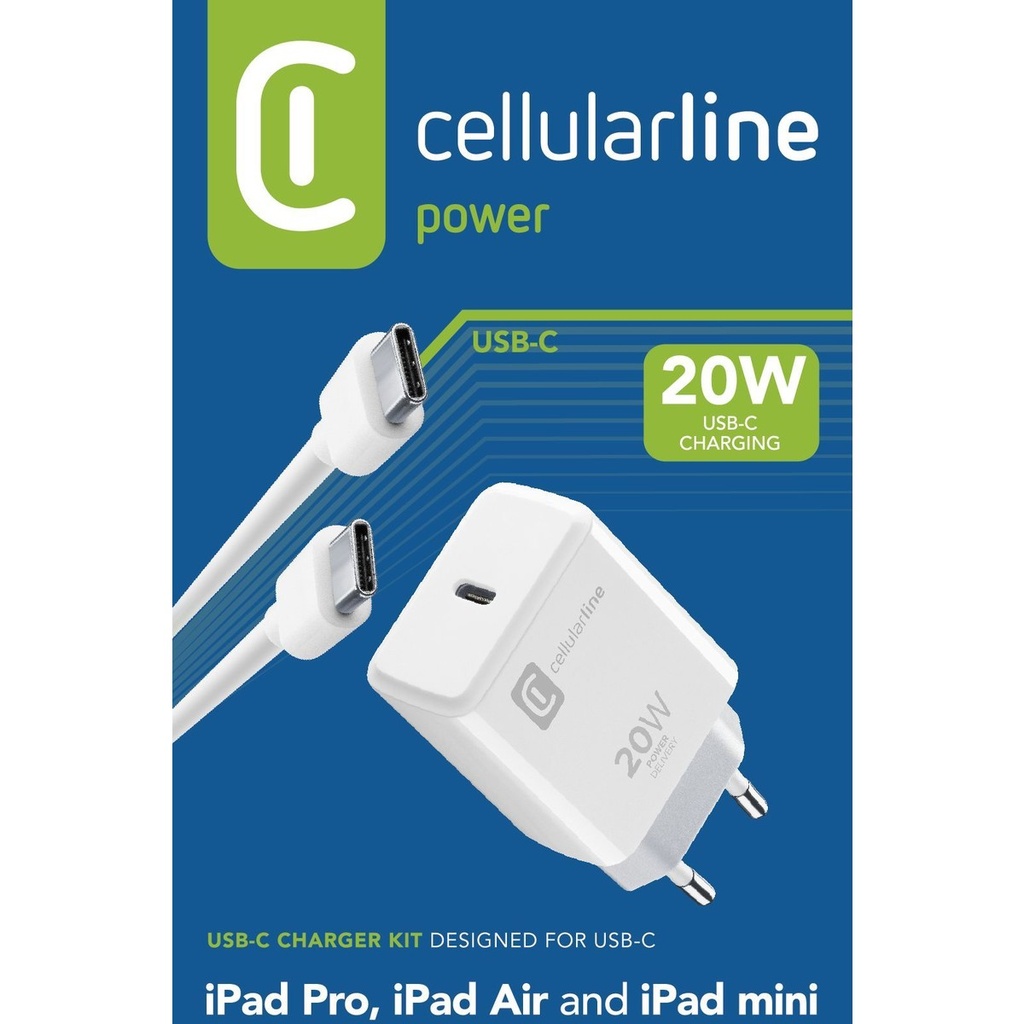 CELLULARLINE USB-C CHARGER KIT APPLE C2C 20W WHITE (PLUG+WIRE)