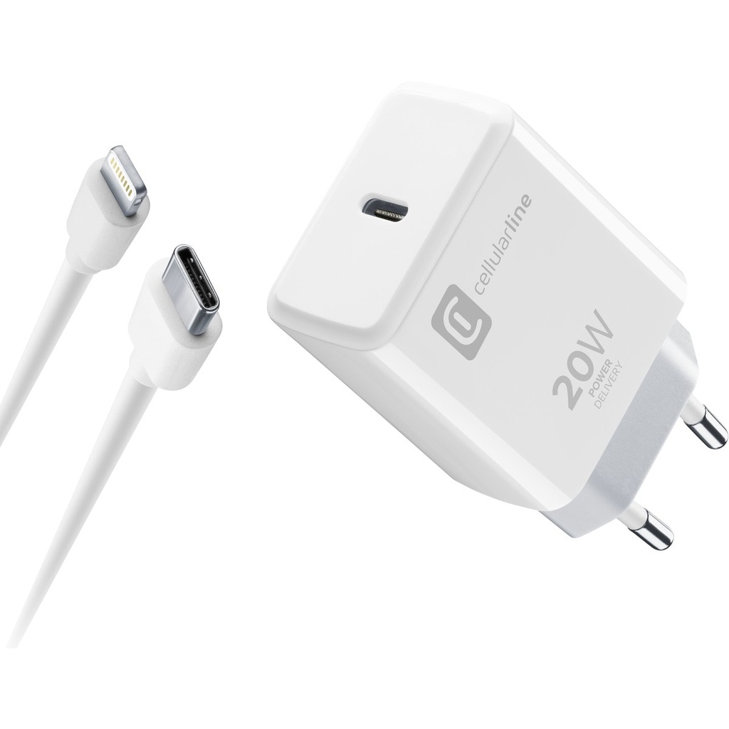 CELLULARLINE USB-C CHARGER KIT APPLE TYPE-C TO IOS 20W WHITE.(PLUG+WIRE)